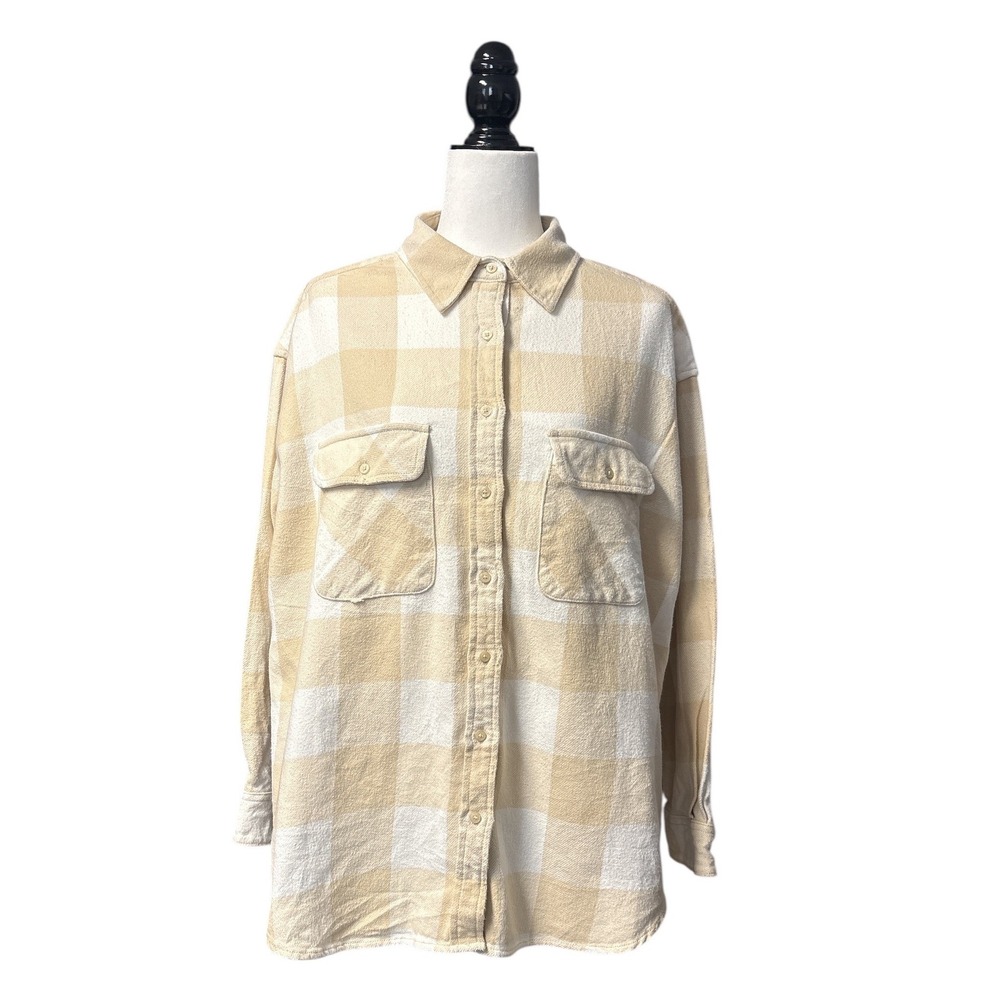 Aerie Plaid Flannel Oversized Cotton Button Down Shirt Cream Cottagecore Women M